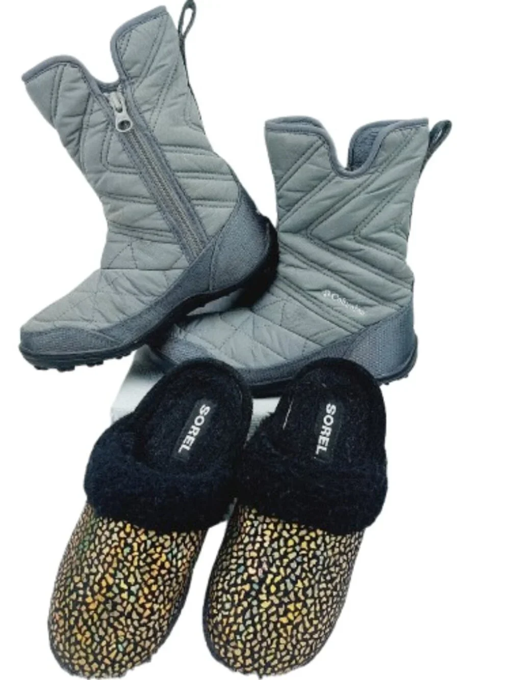 Set of 2 Sorel Columbia Girl's Grey Black Slip-On Slipper Snow Boots Size US 1